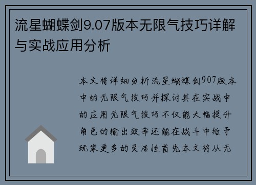 流星蝴蝶剑9.07版本无限气技巧详解与实战应用分析